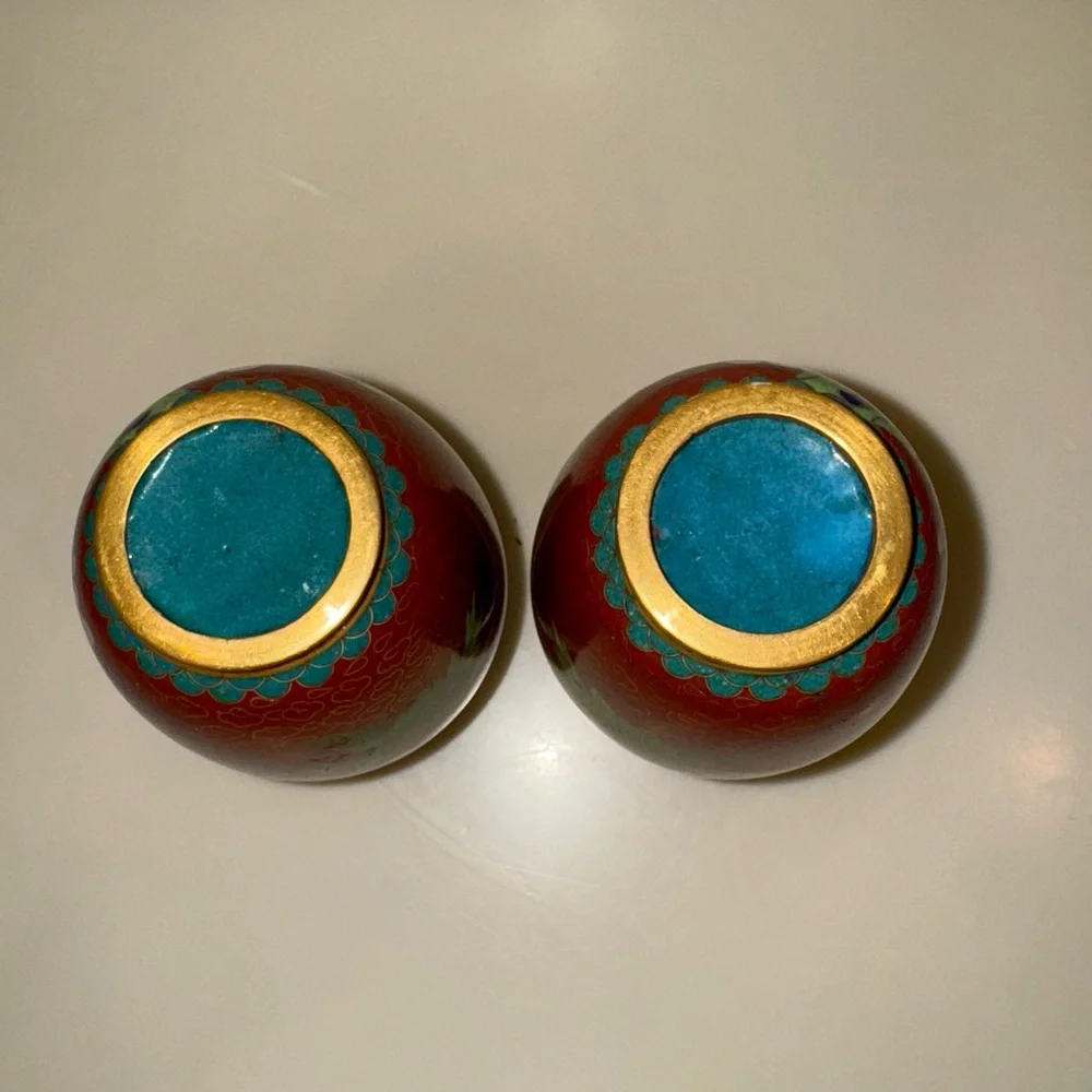 Pair Of Vintage Chinese Cloisonné Chrysanthemum Floral Vases